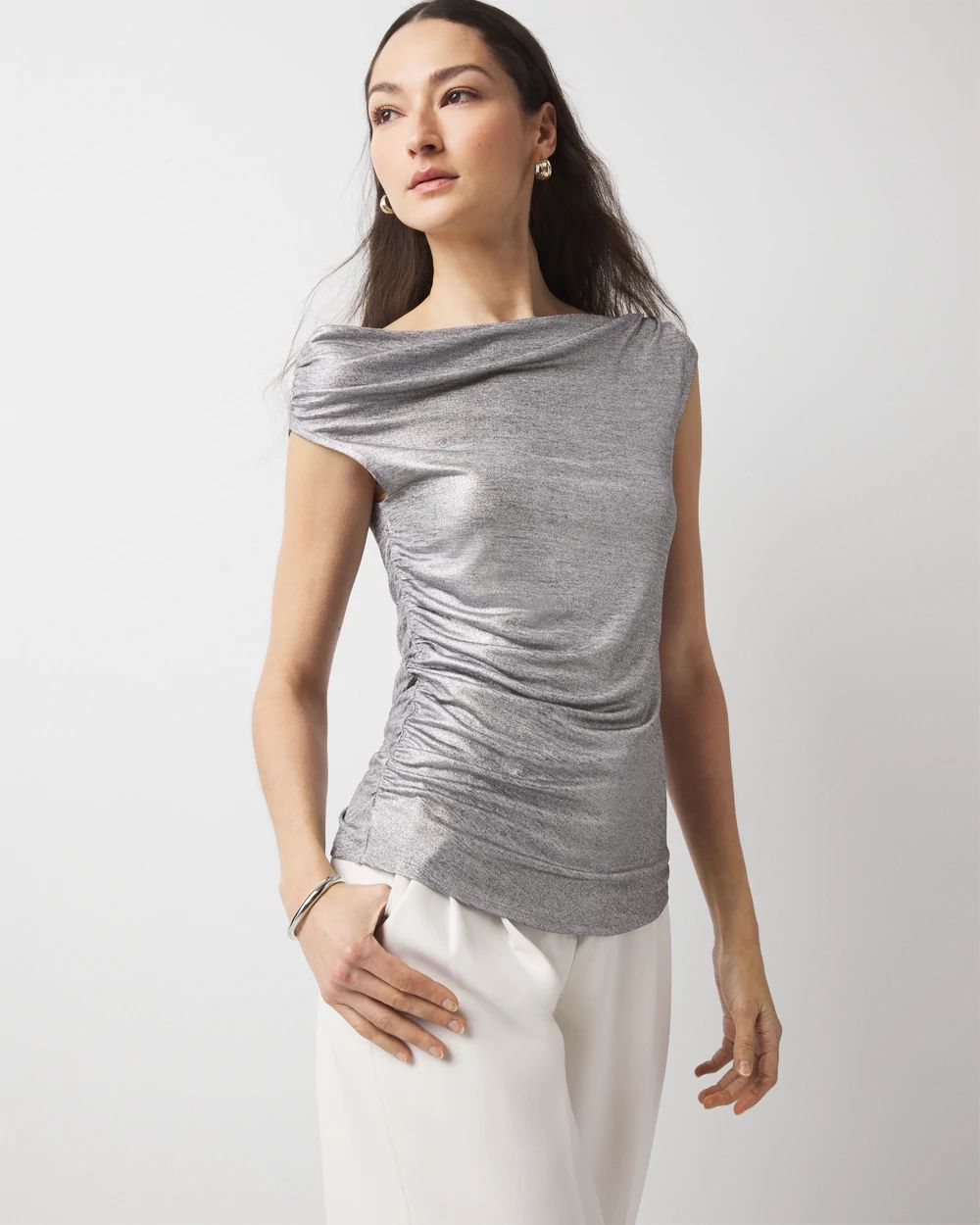 Metallic Off-The-Shoulder Shirred Top | White House Black Market